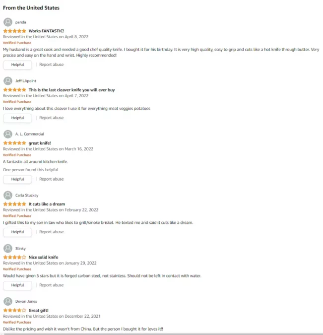 Positive Reviews on Coolina Knives amazon
