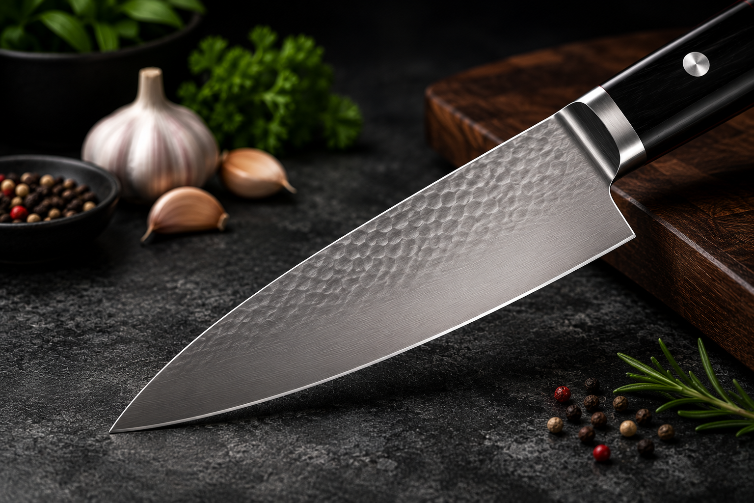 FC61 steel Japanese chef's knife on a wooden cutting board