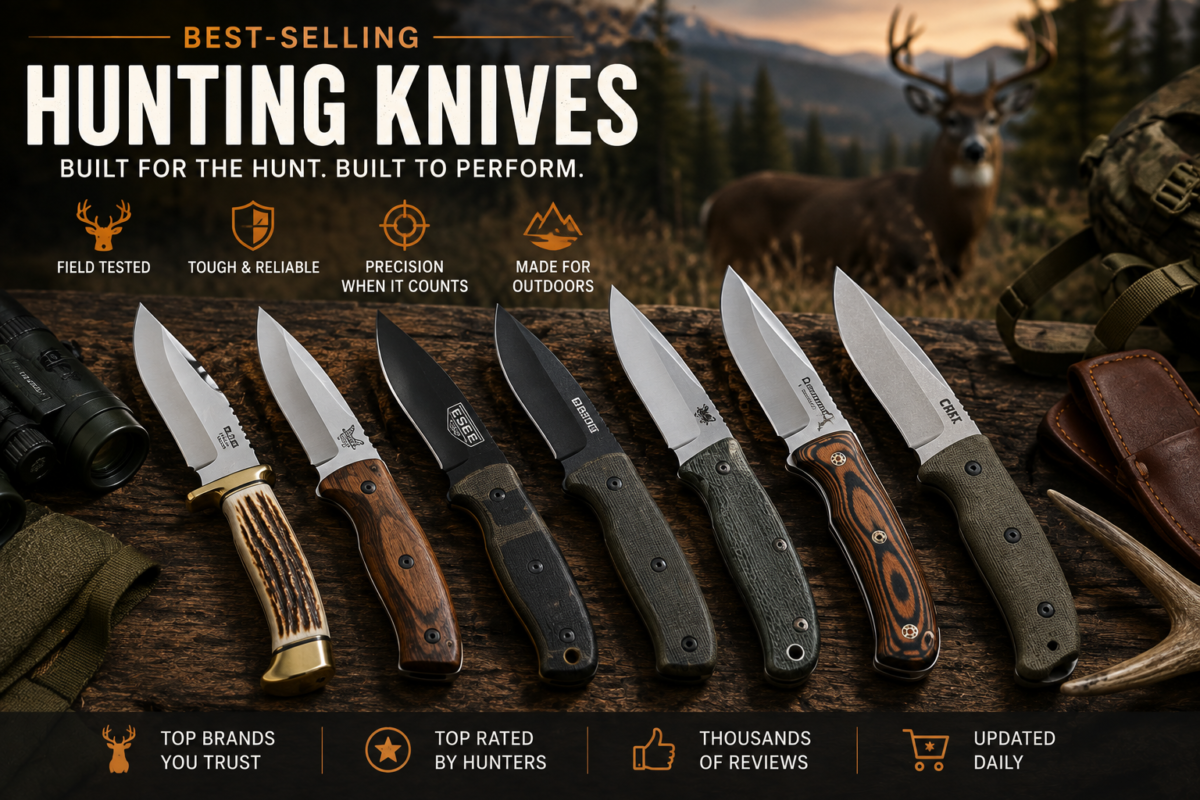 Collection of best-selling hunting knives for deer hunting, camping, bushcraft, and survival