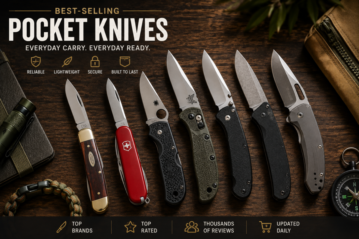 Collection of best-selling pocket knives for everyday carry (EDC), camping, hiking, and work