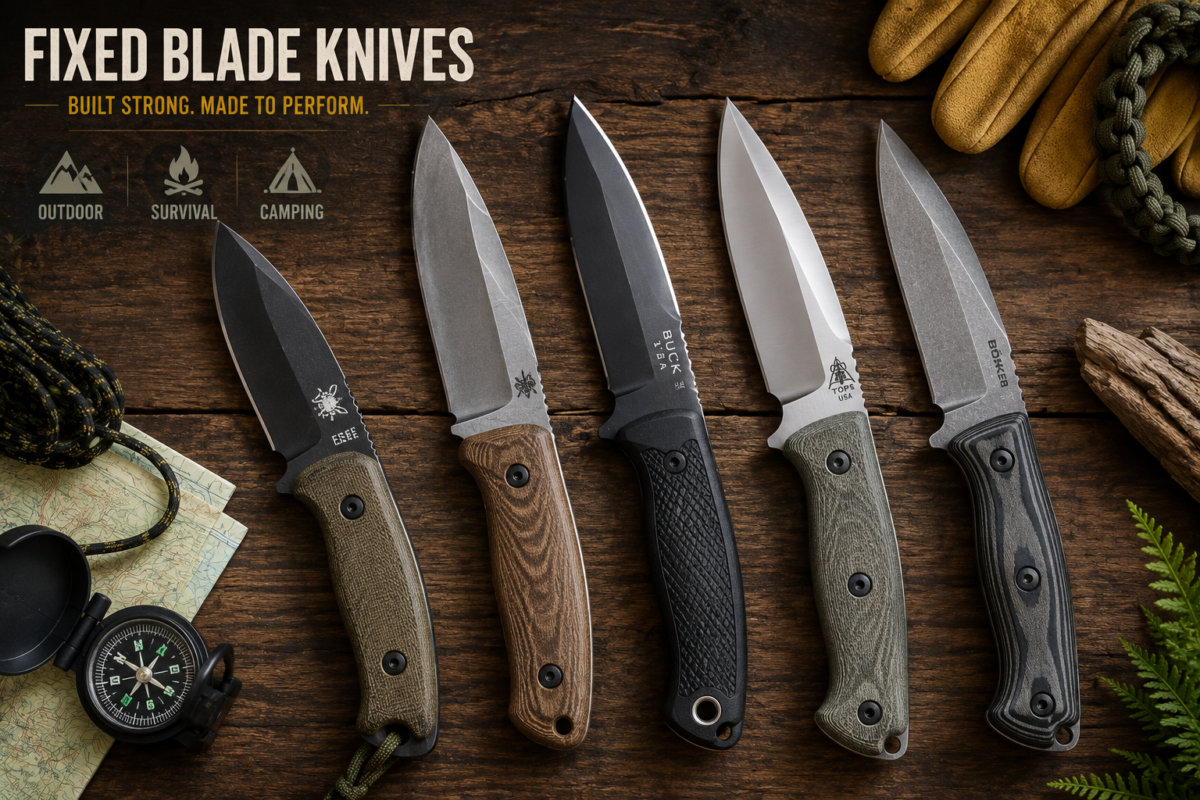 Collection of best-selling fixed blade knives for hunting, camping, survival, and bushcraft