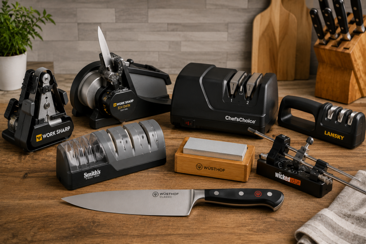 Best-selling knife sharpeners including electric, manual, whetstone, and guided sharpening systems