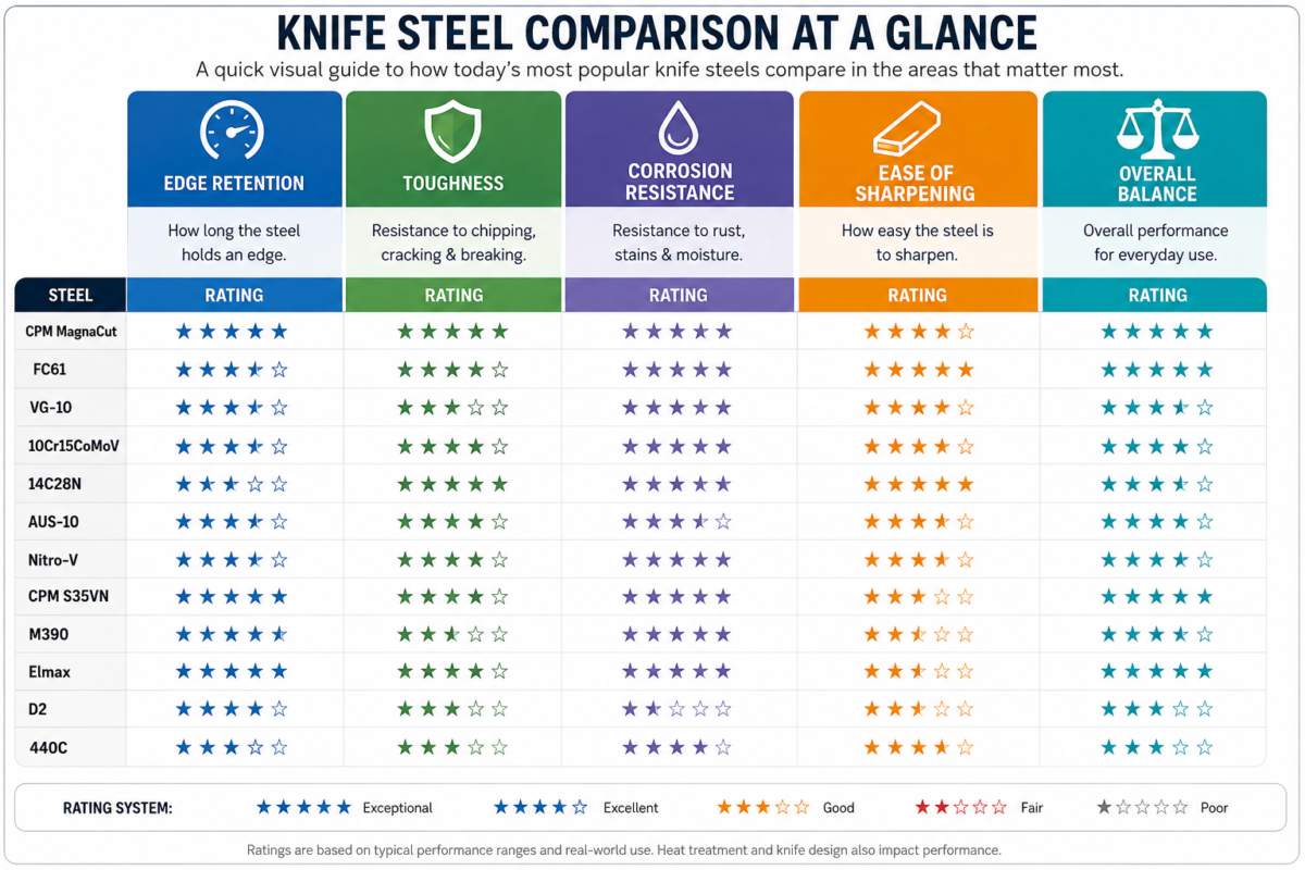Knife steel comparison showing popular kitchen and outdoor knife blade types