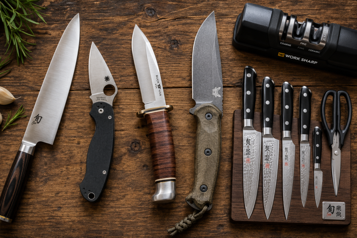 Collection of popular chef, pocket, hunting, and fixed blade knives with a knife sharpener arranged on a wooden table.